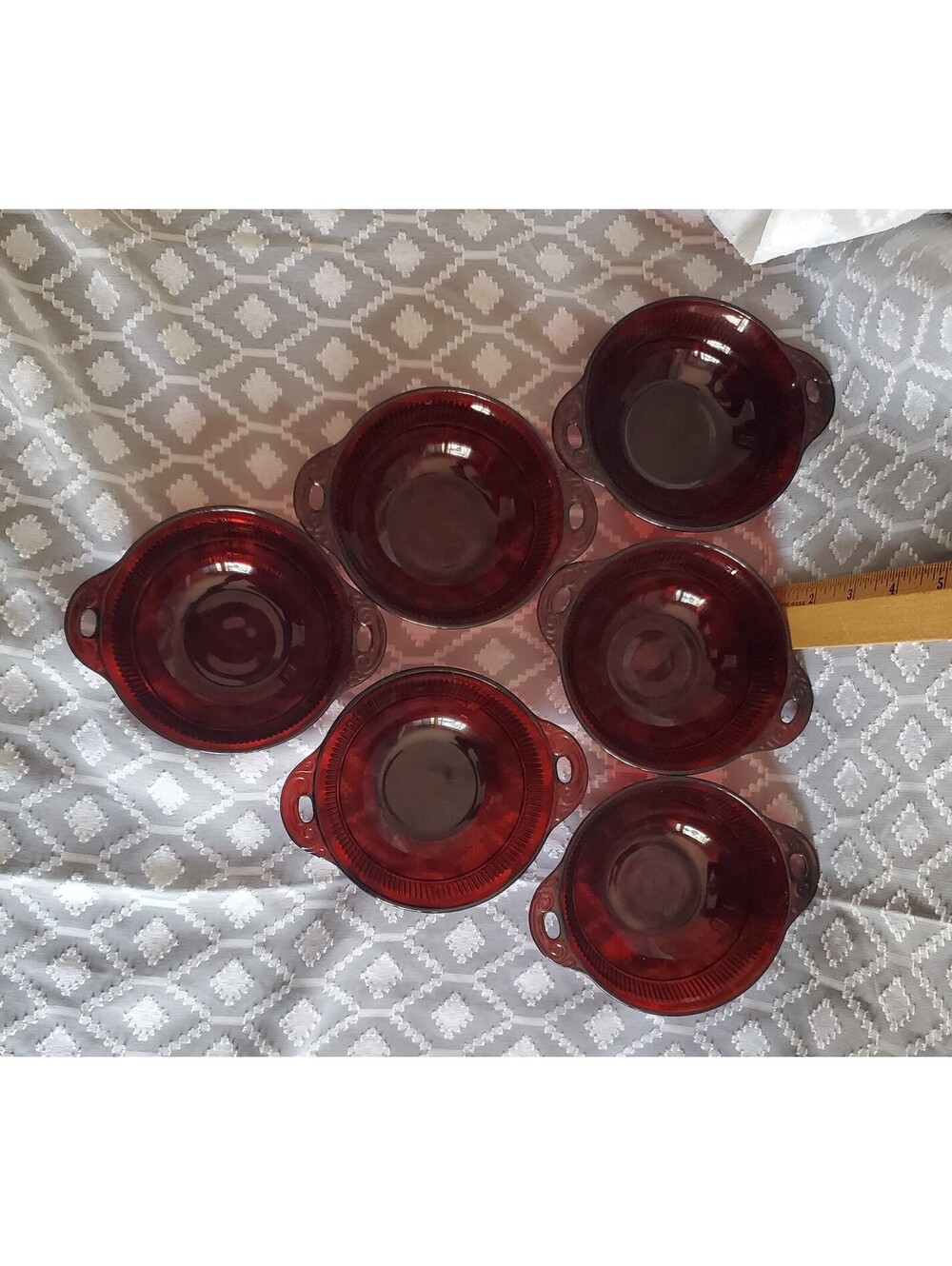 6 Anchor Hocking Ruby Red Coranation Pattern Bowls